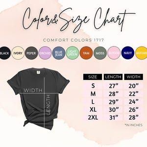 May include: A black t-shirt with a size chart and colour options. The chart displays measurements in inches for sizes S to 2XL. Colour options include white, black, ivory, and other shades. The text "Color & Size Chart" is at the top.
