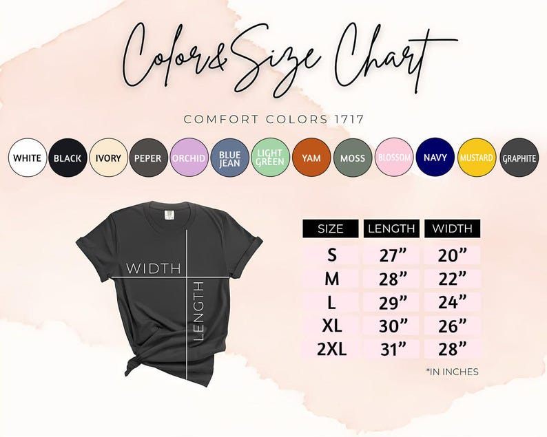 May include: A black t-shirt with a size chart and colour options. The chart displays measurements in inches for sizes S to 2XL. Colour options include white, black, ivory, and other shades. The text "Color & Size Chart" is at the top.