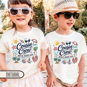 Personalized Cousin Beach Vacation Graphic Tee, Cousin Crew Beach Doodles T-Shirt with Custom Text, Retro Beach Trip Family Shirts