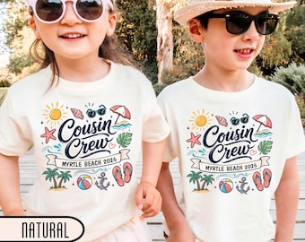 Personalized Cousin Beach Vacation Graphic Tee, Cousin Crew Beach Doodles T-Shirt with Custom Text, Retro Beach Trip Family Shirts