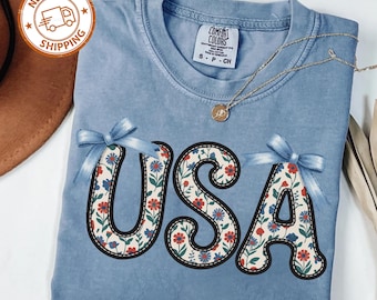 Comfort Colors Floral USA Shirt, American Girl Shirt, USA Est 1776 Shirt, Girly 4th of July Shirt, Patriotic Women Shirt, Flower USA Shirt