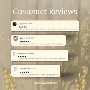May include: A graphic showing customer reviews for HeartPawCreations. The reviews are in white text on a light brown background. The reviews include star ratings and comments about product quality and customer service.