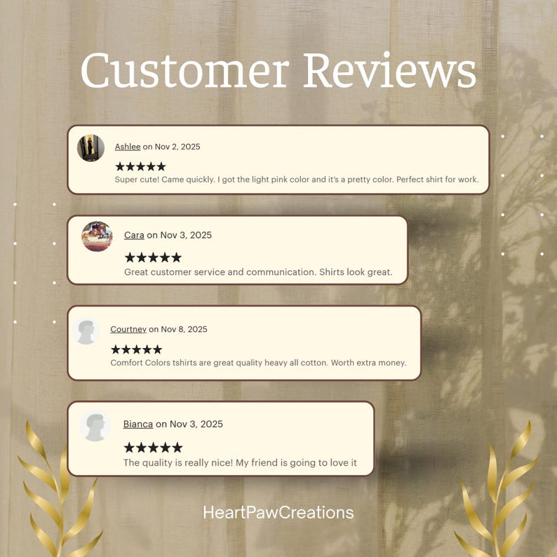 May include: A graphic showing customer reviews for HeartPawCreations. The reviews are in white text on a light brown background. The reviews include star ratings and comments about product quality and customer service.