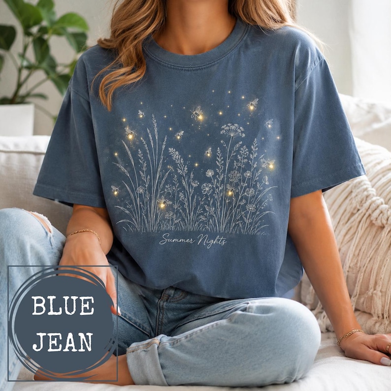 Summer Nights Firefly Shirt Comfort Colors Wildflower Tee Nature Lover Gift Botanical Lightning Bug Graphic Top Meadow Flower Clothing image 3