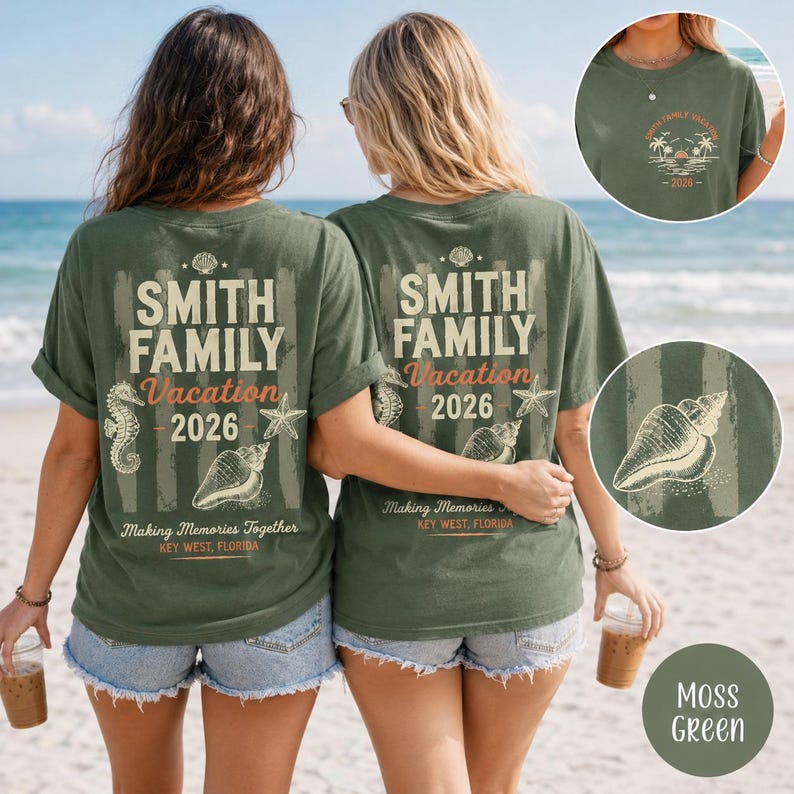 May include: An olive green t-shirt featuring a back graphic with the text SMITH FAMILY Vacation 2026, Making Memories Together, KEY WEST, FLORIDA, alongside illustrations of a seahorse, starfish, and seashell. The front has a small chest logo.