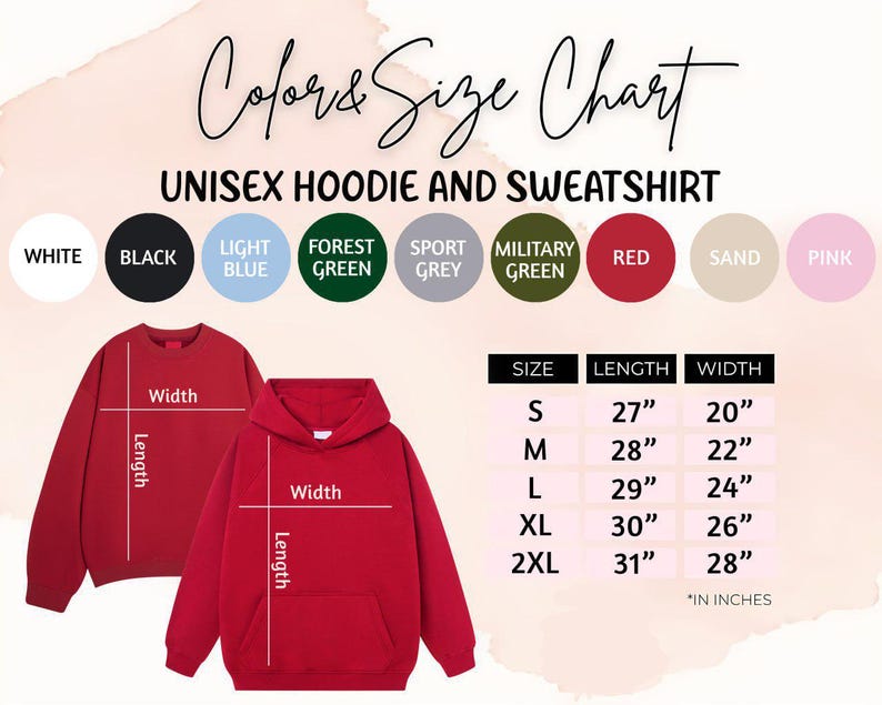 May include: A red unisex hoodie and sweatshirt with a size chart. The chart shows measurements in inches for sizes S to 2XL. Colour options include white, black, light blue, forest green, sport grey, military green, red, sand, and pink.