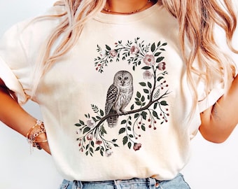 Dark Cottagecore Owl Comfort Colors Adult Unisex Garment Dyed Tee & Long Sleeve Tee, Forestcore Owl Top, Vintage Gothic Shirt, Gift for Her