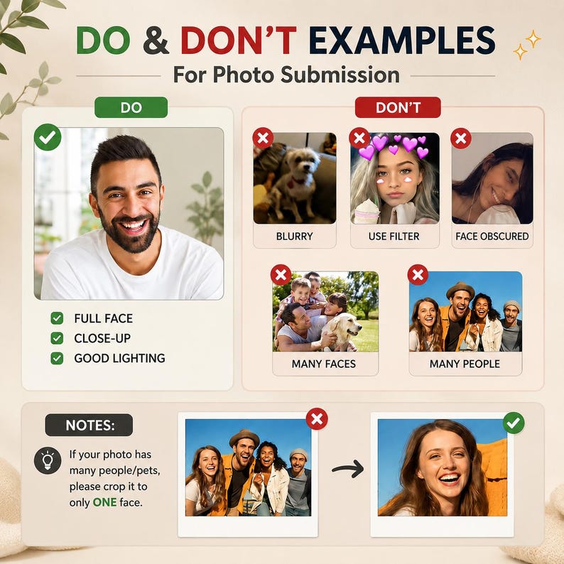 May include: An instructional graphic titled DO & DON'T EXAMPLES For Photo Submission. It displays a grid of photos showing correct and incorrect photo styles, including labels like FULL FACE, CLOSE-UP, GOOD LIGHTING, BLURRY, USE FILTER, and MANY FACES.