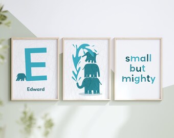 Elephant Nursery Art | Personalised Kids Wall Art | Set of three