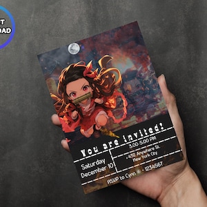 Anime Birthday Invitation |  Nezuko Invite Printable birthday card Demon slayer EDITABLE DIGITAL TEMPLATE
