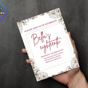 Printable Floral 18th Birthday Card Design | Aesthetic Boho 18th Birthday Invitation EDITABLE TEMPLATE