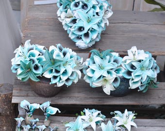 Cascade Teal White Tiger Calla Lily Bridal Bouquet Set for Spring Beach Wedding