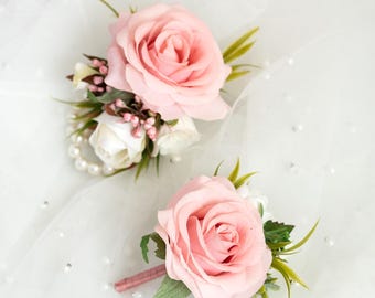 Dusty Pink Rose Corsage For Rustic Wedding Gift, Wrist Pearl Bracelet, Flower Girl Corsage, Real Touch Rose Prom Bracelet, Groom Boutonniere