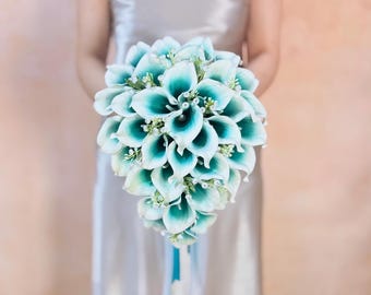 White Teal Calla Lily Cascade Bridal Bouquet for Rustic BOHO Wedding, Real touch Baby's Breath Bridesmaid Flower Arrangement