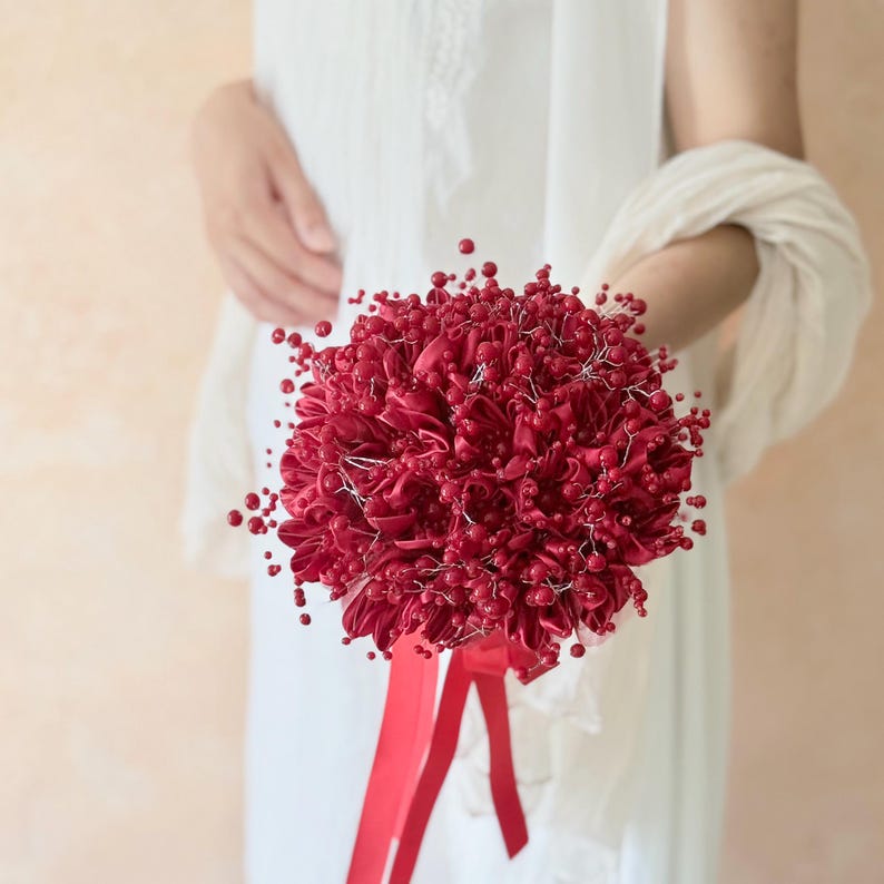 Elegant Red Pearl Ribbon Rose Prom Bouquet, Valentine's Wedding Gift ...