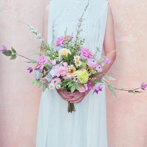 Large Pink Wildflower Wedding Bouquet, Silk Peony Rose Flower Bridal Bouquet, Faux Flower Bouquet for Beach Wedding, Monet Garden Wedding
