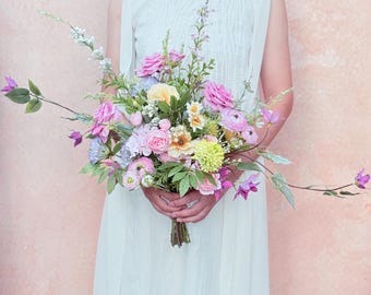 Large Pink Wildflower Wedding Bouquet, Silk Peony Rose Flower Bridal Bouquet, Faux Flower Bouquet for Beach Wedding, Monet Garden Wedding