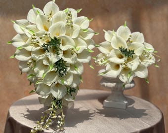 Tropical Cascade White Calla Lily Bridal Bouquet, Real Touch Green Tip Bridesmaid Bouquet, Beach Wedding Bouquet Gift Set