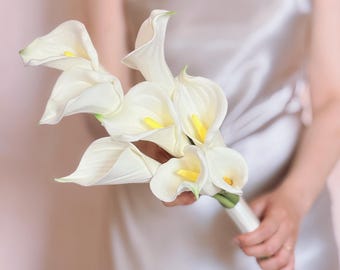 Simple Cream White Real Touch Calla Lily Bride Bouquet for Modern US Wedding, Ivory Tone Bridesmaid Bouquet