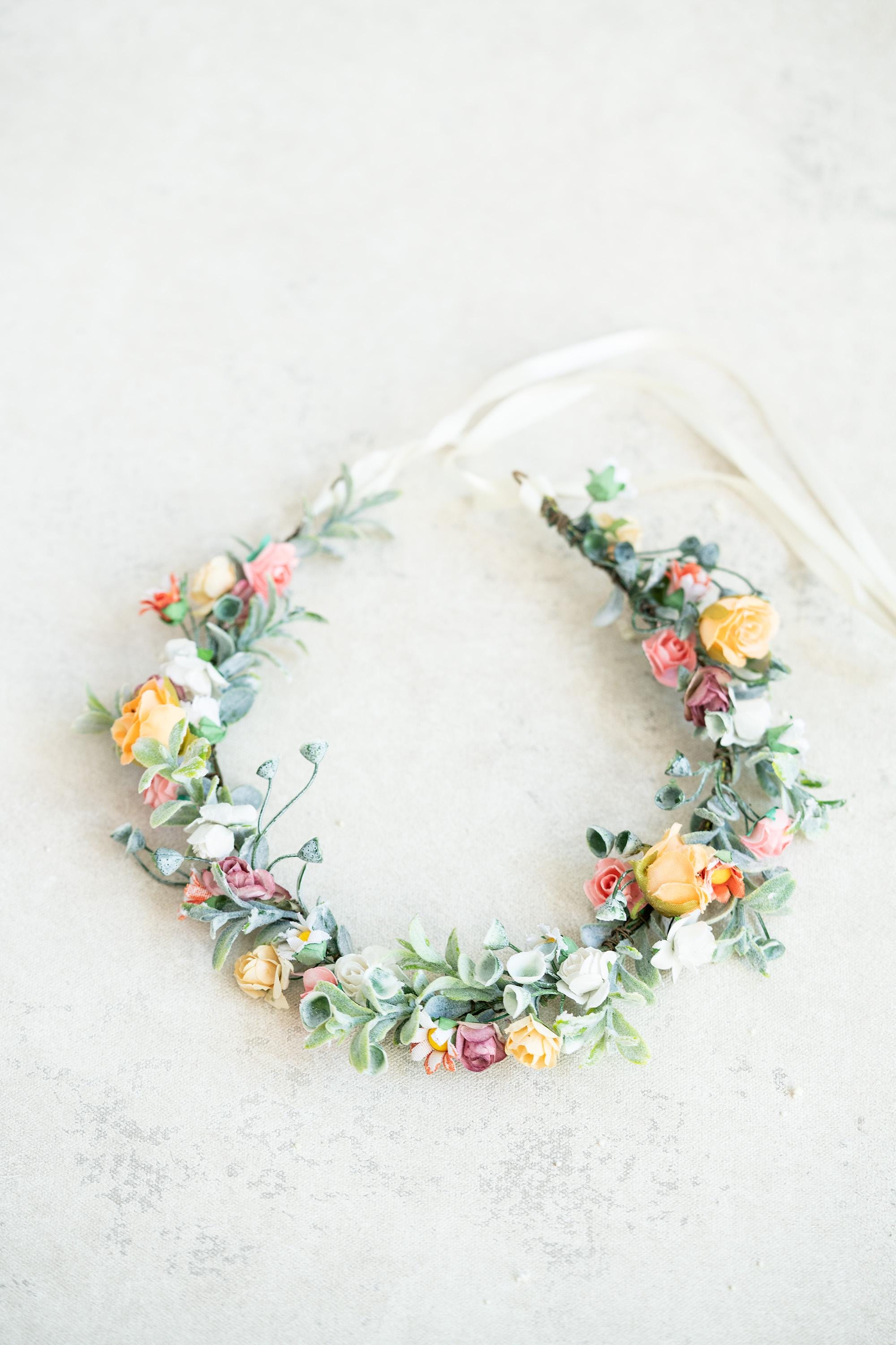 Handmade Embellished Floral Headband - Gold Green Orange Gabriella Burnt Orange Wedding Dried Flower Crown Headband  main image 3