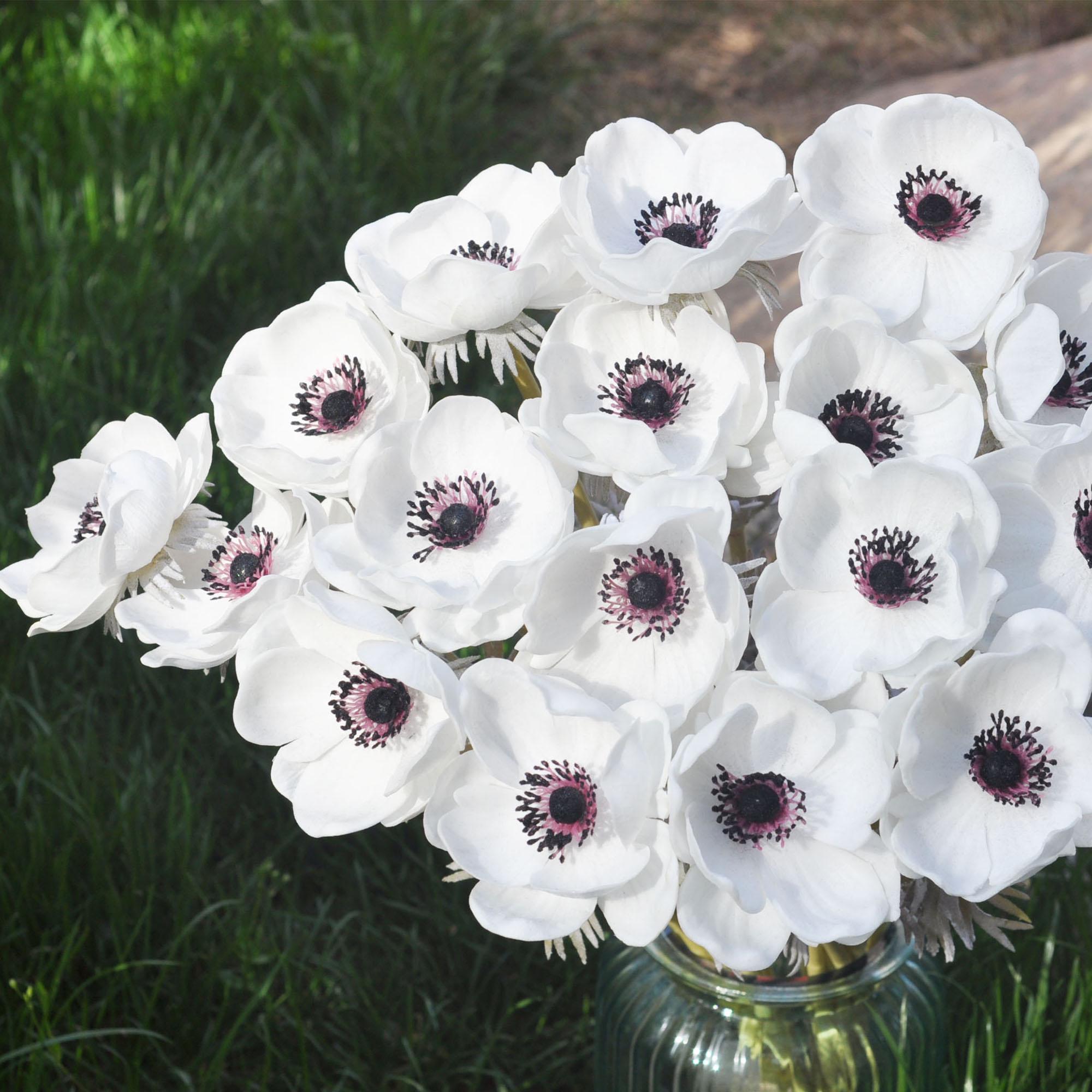 Real Touch White Anemone for Bridal Bouquet DIY, Faux Long Stem