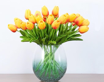 12 Pcs Real Touch Tulip Bouquet Gift, White Tulip Bouquet, Pink-Coral Tulip Floral Arrangements for Home Decor, Centerpiece,Easter Ornaments