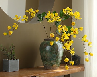 17" Faux Fall Yellow Cassia Branch for DIY Floral Arrangement, Artificial Silk Blossom Branch for Vase Styling, Modern Home Decor