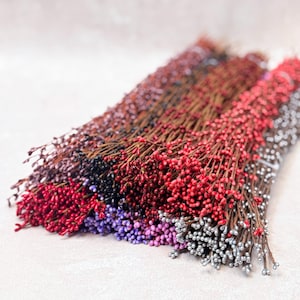 May include: A collection of colorful berry stems in shades of red, purple, black, and silver. The stems are brown and the berries are small and round, creating a textured appearance. These decorative stems are suitable for floral arrangements.