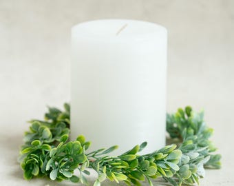 Spring Boxwood Candle Ring, Greenery Candle Holder, Farmhouse Table Decor, Year Round Wreath, Wedding Centerpiece, Rustic Home Decor Gift