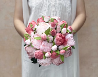 Silk Dusty Pink Peony Bouquet, Self Dyed Dusty Pink Wedding Bouquet, Double Peony Bouquet, Rustic Peony Bouquet, Princess Peony Gift For Her