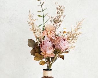 3 Trauben Getrocknete Kunstrose Blumenstrauß Geschenk, Retro Pfingstrose Blumenstrauß, Rose Blumenarrangements Geschenk für Wohnkultur, Brautjungfer Geschenk