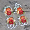 Wrist pearl bracelet gold rose corsage/Silk red orange ranunculus corsage/Boho wedding bracelet/Rustic rose pin Gifts for her,mother corsage