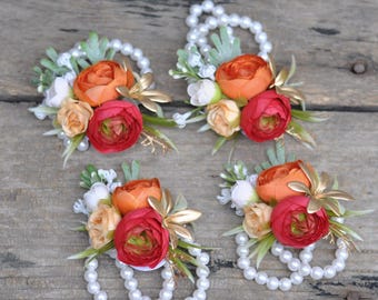 Vintage Orange Rose Pearl Bracelet Wrist Corsage, Silk Red Orange Ranunculus Corsage Gift For Her, Boho Wedding Bracelet, Bridal Accessories