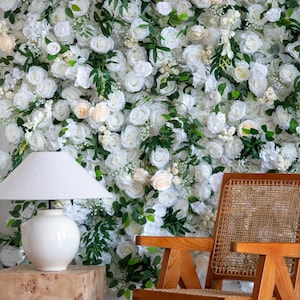 White Fabric Rose Flower Wall - Easy Install 5D Flower Panel, Custom Shop Wall Decor, Baby Shower Backdrop, Wedding Photo Background