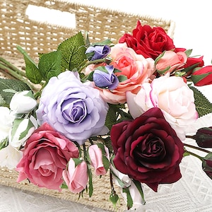 Burgundy Rose Posy Branch, Flesh Pink Two Heads Real Touch Rose Branch, Rouge Rose Flower for Home, Bath, Office, Table, Wedding Bouquet DIY