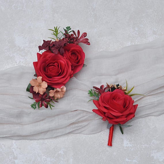 Big Real Touch Red Rose Pearl Bracelet Wrist Corsage Bridesmaid