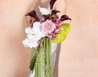 Tropical Burgundy Calla Lily Bridal Bouquet for Fall BOHO Wedding, Simple Dusty Rose Floral Arrangement