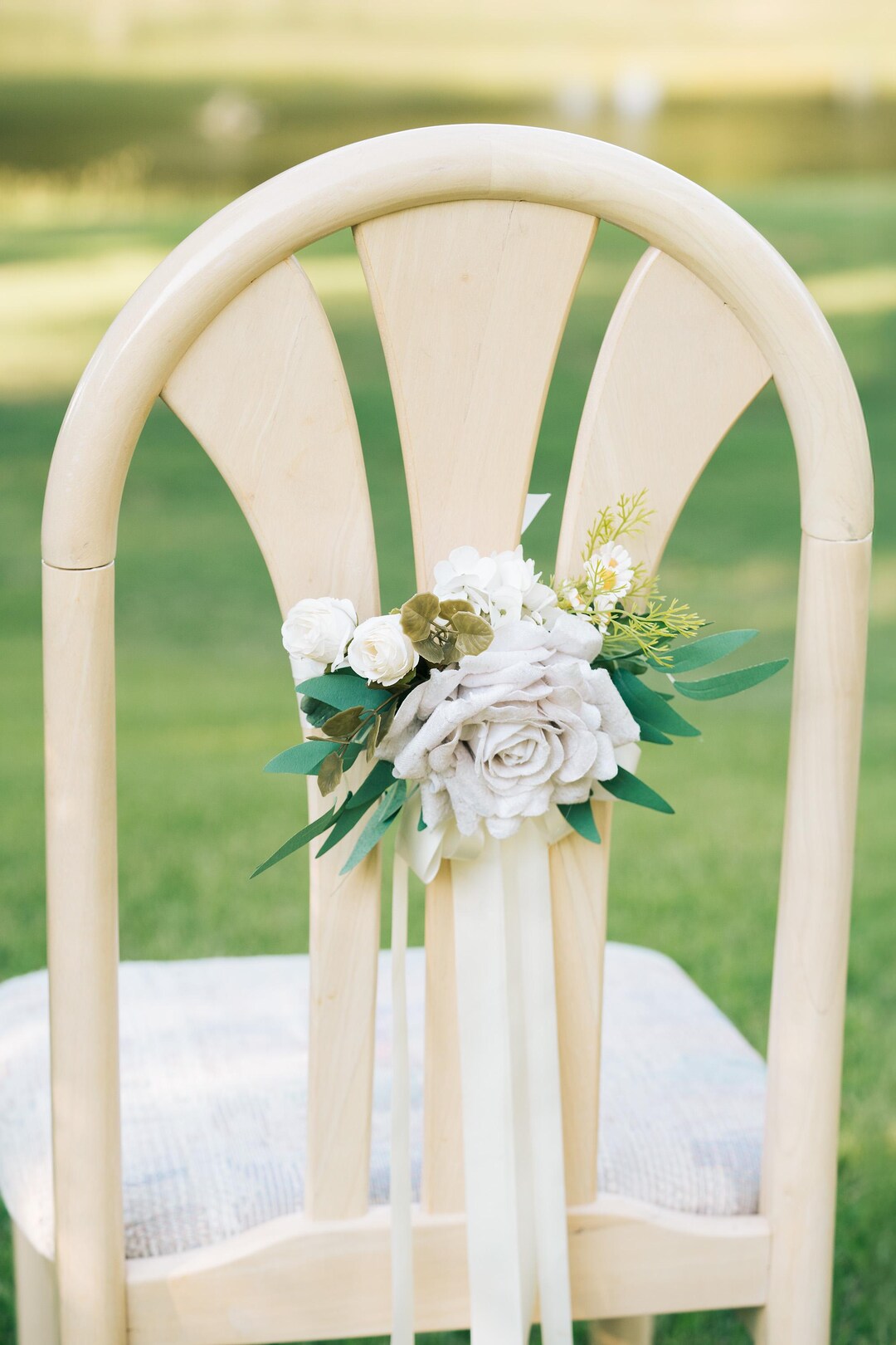 Ivory Rose Chair Flowers With Long Ribbon, Wedding Chair Back ...