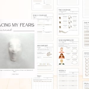 May include: A journal cover with a blurred image of a face and the text "Facing My Fears Journal". The cover also includes the quote "Courage is resistance to fear, mastery of fear - not absence of fear." - Mark Twain