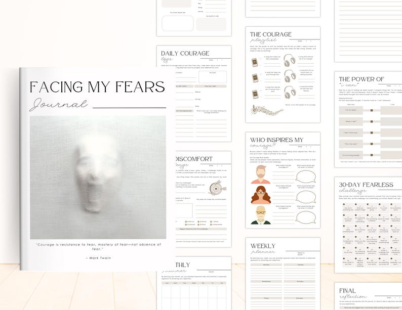 May include: A journal cover with a blurred image of a face and the text "Facing My Fears Journal". The cover also includes the quote "Courage is resistance to fear, mastery of fear - not absence of fear." - Mark Twain