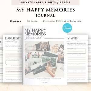 Pode incluir: Um modelo de diário imprimível e editável com o título "My Happy Memories Journal". O diário foi projetado para ajudá-lo a refletir sobre memórias felizes e inclui prompts como "Um dia cheio de risos", "Primeira memória feliz" e "Um dia com alguém especial".