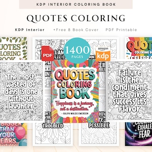 Może przedstawiać: Kolekcja kolorowanek do druku z inspirującymi cytatami. Książki zawierają skomplikowane wzory i tekst "QUOTES COLORING" na okładkach. Obraz zawiera również tekst "KDP Interior" i "+Free 8 Book Cover PDF Printable".