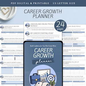 Op de afbeelding: Een 24-pagina tellende digitale en printbare carrière-groeiplanner in US letter-formaat. De planner bevat diverse sjablonen, waaronder carrièrewaarden, tevredenheidschecks, professionele sterke punten, groeidoelen en LinkedIn-profielupdates.