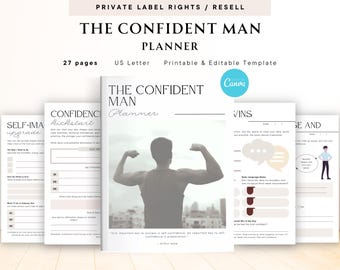 PLR / Återförsälj Den självsäkra mannen Planner för kommersiellt bruk Utskrivbar och redigerbar mall, Boost Self Esteem Planner, Mindset för män