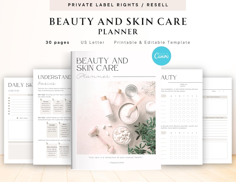 PLR / Resell Beauty and Skin Care Planner for Commercial Use, Printable and Editable Template ...