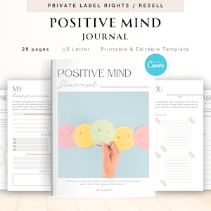 May include: A printable and editable positive mind journal template with 28 pages. The cover features a light blue background with a hand holding colourful smiley faces. The text "POSITIVE MIND JOURNAL" is in black text. The journal includes prompts for reflection, gratitude, and self-care.