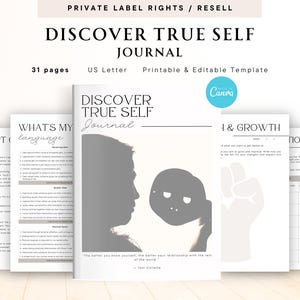 Puede incluir: Una plantilla de diario imprimible con el título "Discover True Self Journal" y una silueta gris de una persona sosteniendo una máscara. El diario incluye indicaciones como "What's My Language" y "Health & Growth".
