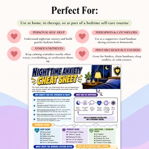 May include: A Nighttime Anxiety Cheat Sheet infographic featuring a bedroom illustration, a nervous system loop diagram, and lists of body, thought, and emotional signs of anxiety. The document includes text sections explaining why anxiety feels stronger at night.
