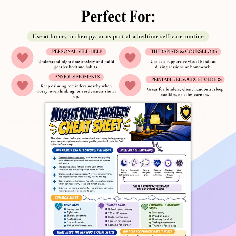 May include: A Nighttime Anxiety Cheat Sheet infographic featuring a bedroom illustration, a nervous system loop diagram, and lists of body, thought, and emotional signs of anxiety. The document includes text sections explaining why anxiety feels stronger at night.
