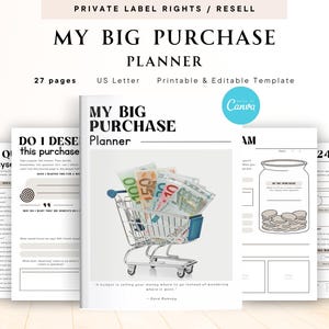 May include: A planner titled "MY BIG PURCHASE PLANNER" with the text "27 pages" and "US Letter". The cover shows a shopping cart filled with money. The planner is a printable and editable template.